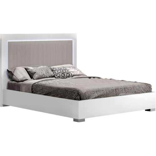 Luxuria King Bed in Channel Tufted Grey Microfiber, Gloss White & LED